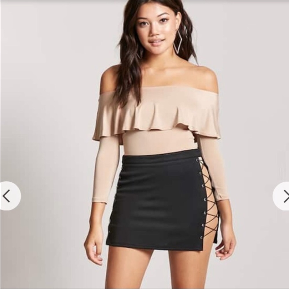 Long-sleeve Tan off shoulder bodysuit